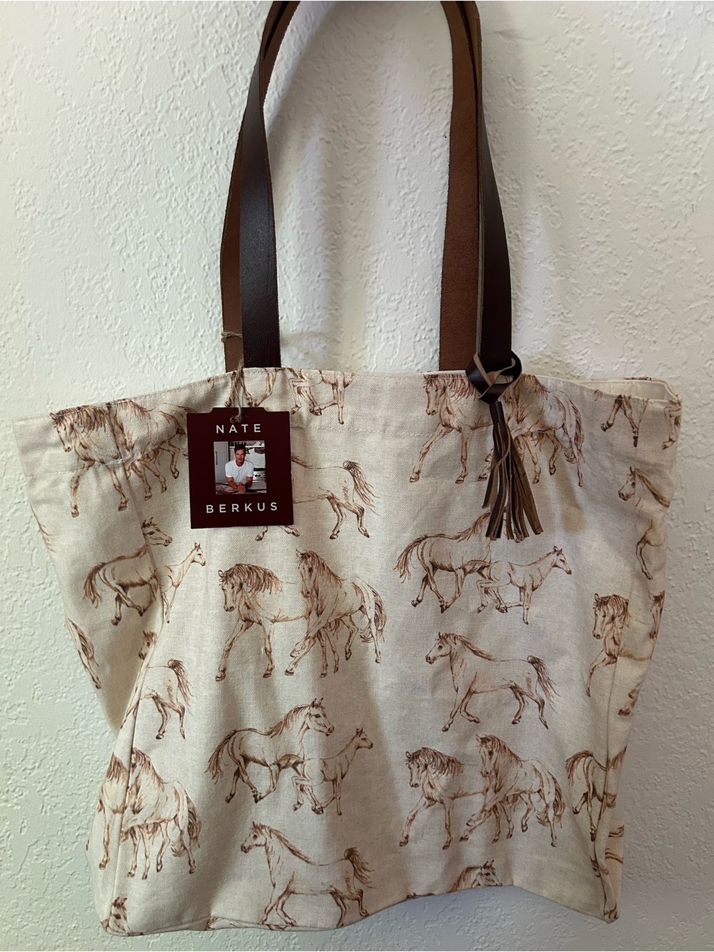 NEW Nate Berkus Wild Horse Print Cotton Canvas Tote Bag Genuine Leather Handles